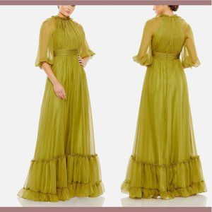 NWT $498 Mac Duggal [ 2 ] Chiffon Ruched Illusion Raglan Sleeve Gown Olive Green